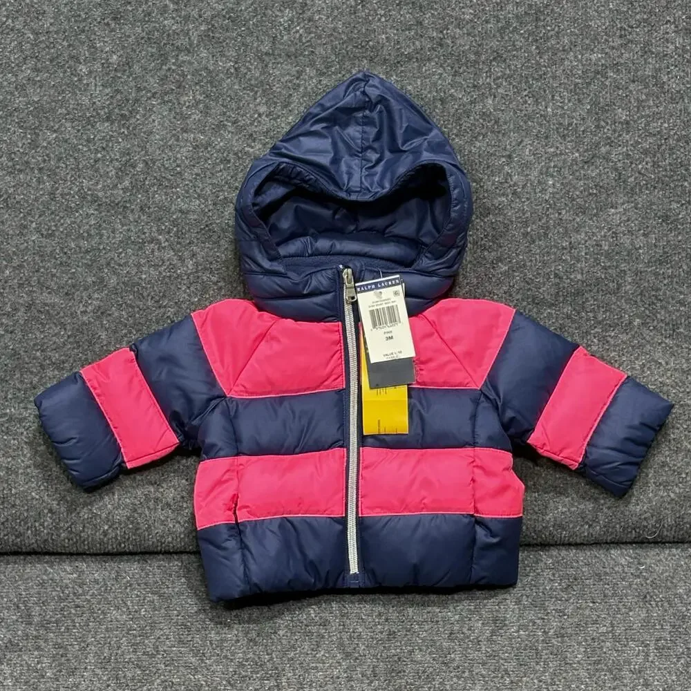Ralph Lauren Jacket Infant Girls 3M Pink Navy Hooded Down Puffer Winter Coat